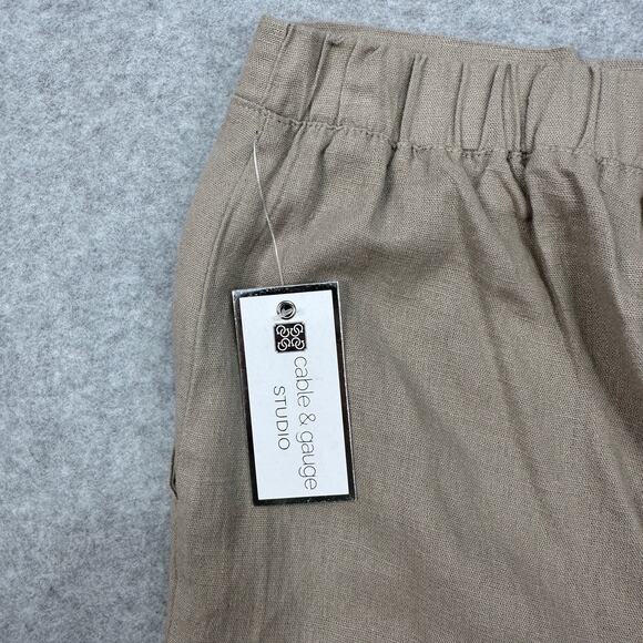 Cable & Gauge Pant Studio Wide Leg WMNS M Tan Linen Blend Elastic Waist Slit Hem - Picture 2 of 14